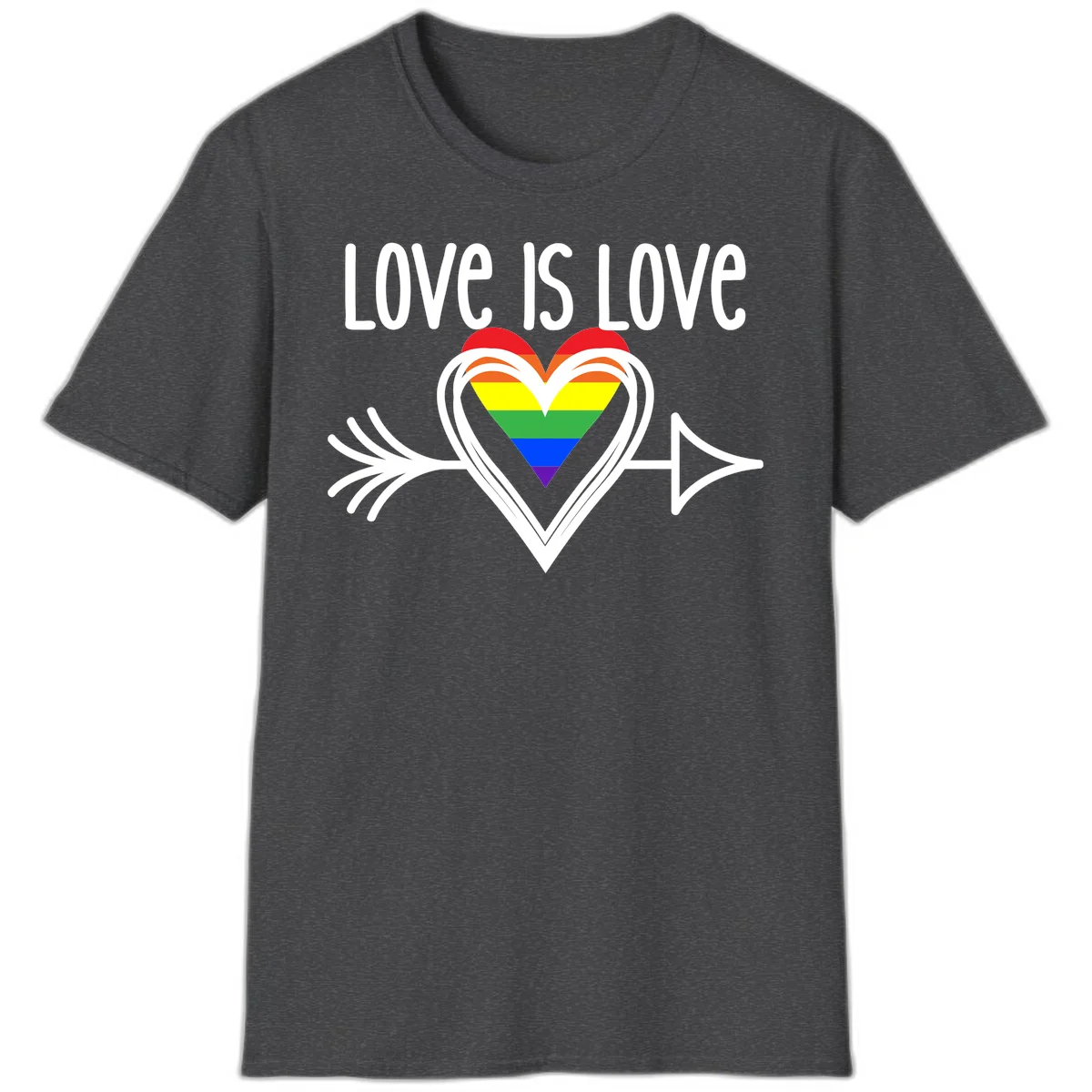 Love is love pride design featuring a white heart outline with rainbow-colored heart inside and decorative wing flourishes on gray background in Dark Heather