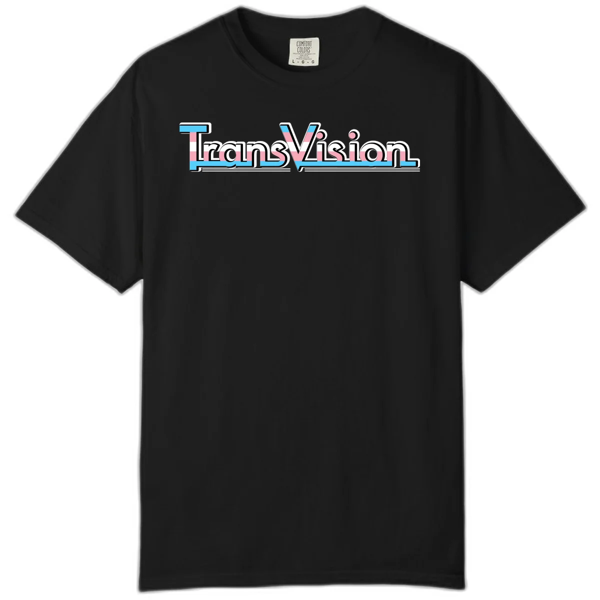 TransVision typography with transgender pride flag colors—cyan, pink, and white integrated into bold modern lettering in Black