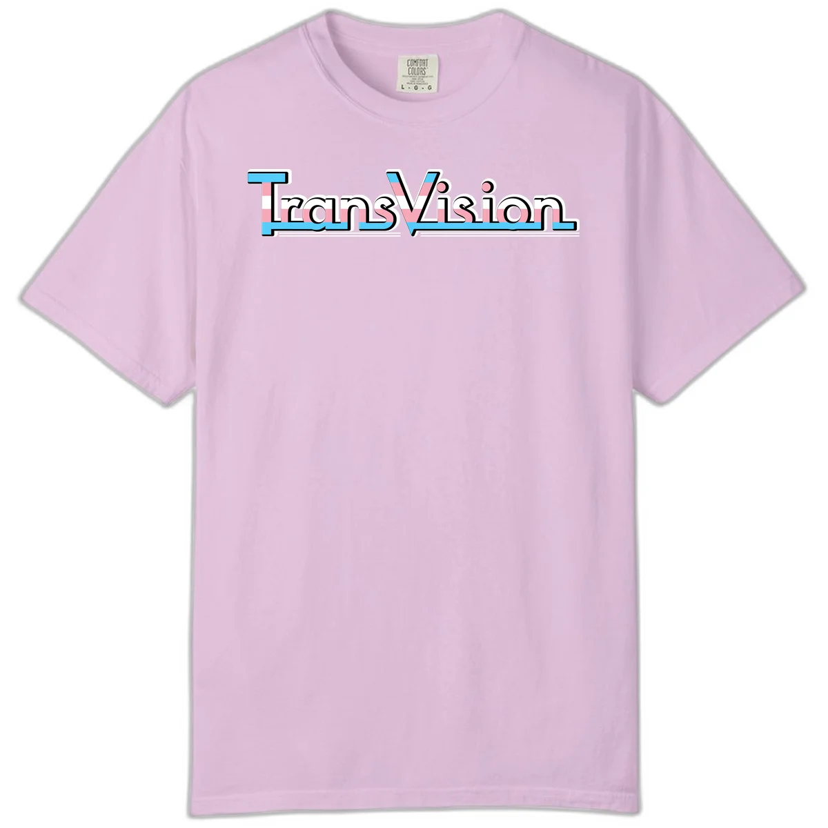 TransVision typography with transgender pride flag colors—cyan, pink, and white integrated into bold modern lettering in Orchid
