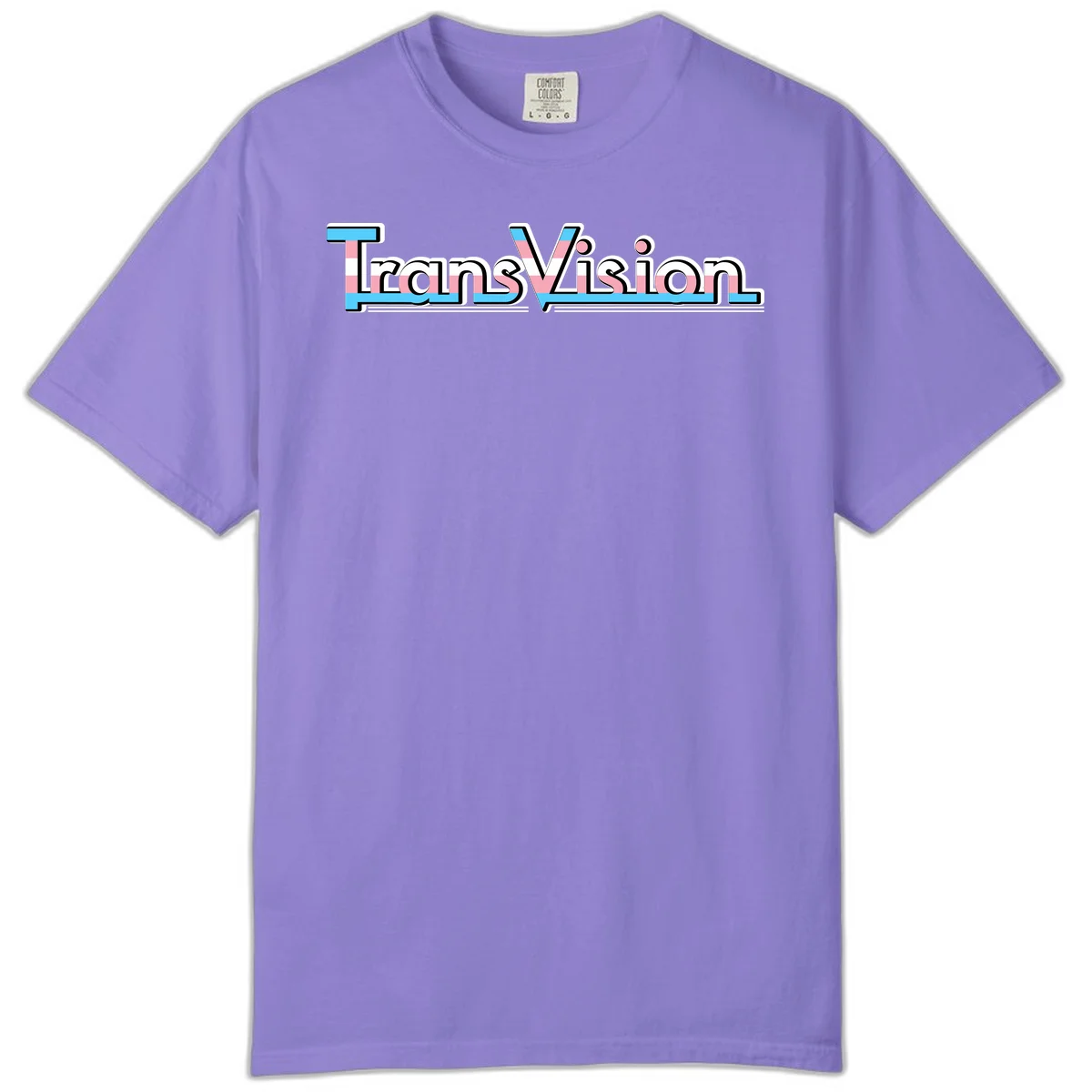 TransVision typography with transgender pride flag colors—cyan, pink, and white integrated into bold modern lettering in Violet