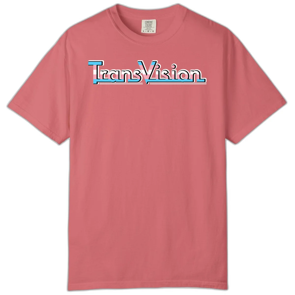 TransVision typography with transgender pride flag colors—cyan, pink, and white integrated into bold modern lettering in Watermelon