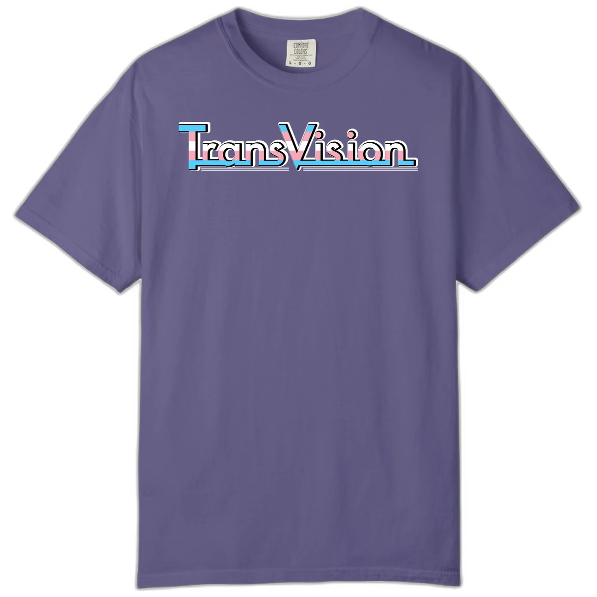TransVision typography with transgender pride flag colors—cyan, pink, and white integrated into bold modern lettering in Grape