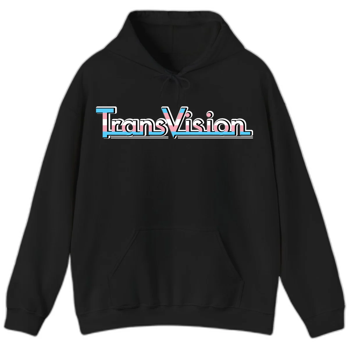 TransVision typography with transgender pride flag colors—cyan, pink, and white integrated into bold modern lettering in Black