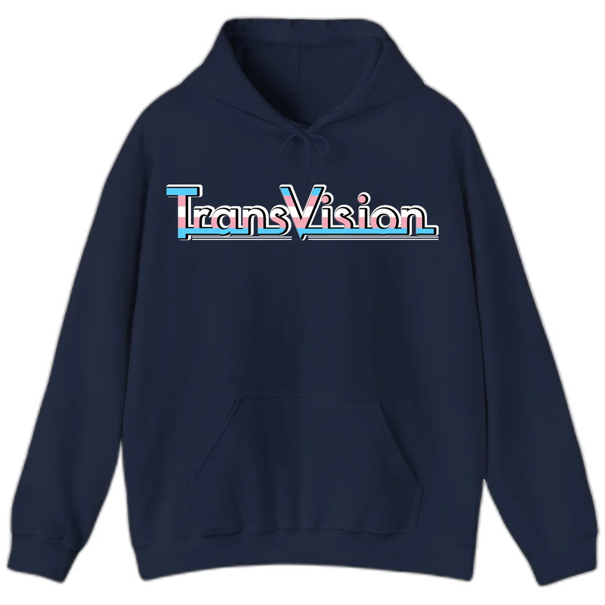 TransVision typography with transgender pride flag colors—cyan, pink, and white integrated into bold modern lettering in Navy