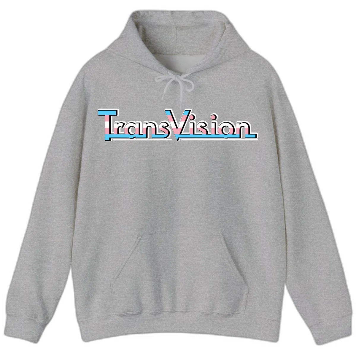 TransVision typography with transgender pride flag colors—cyan, pink, and white integrated into bold modern lettering in Sport Grey