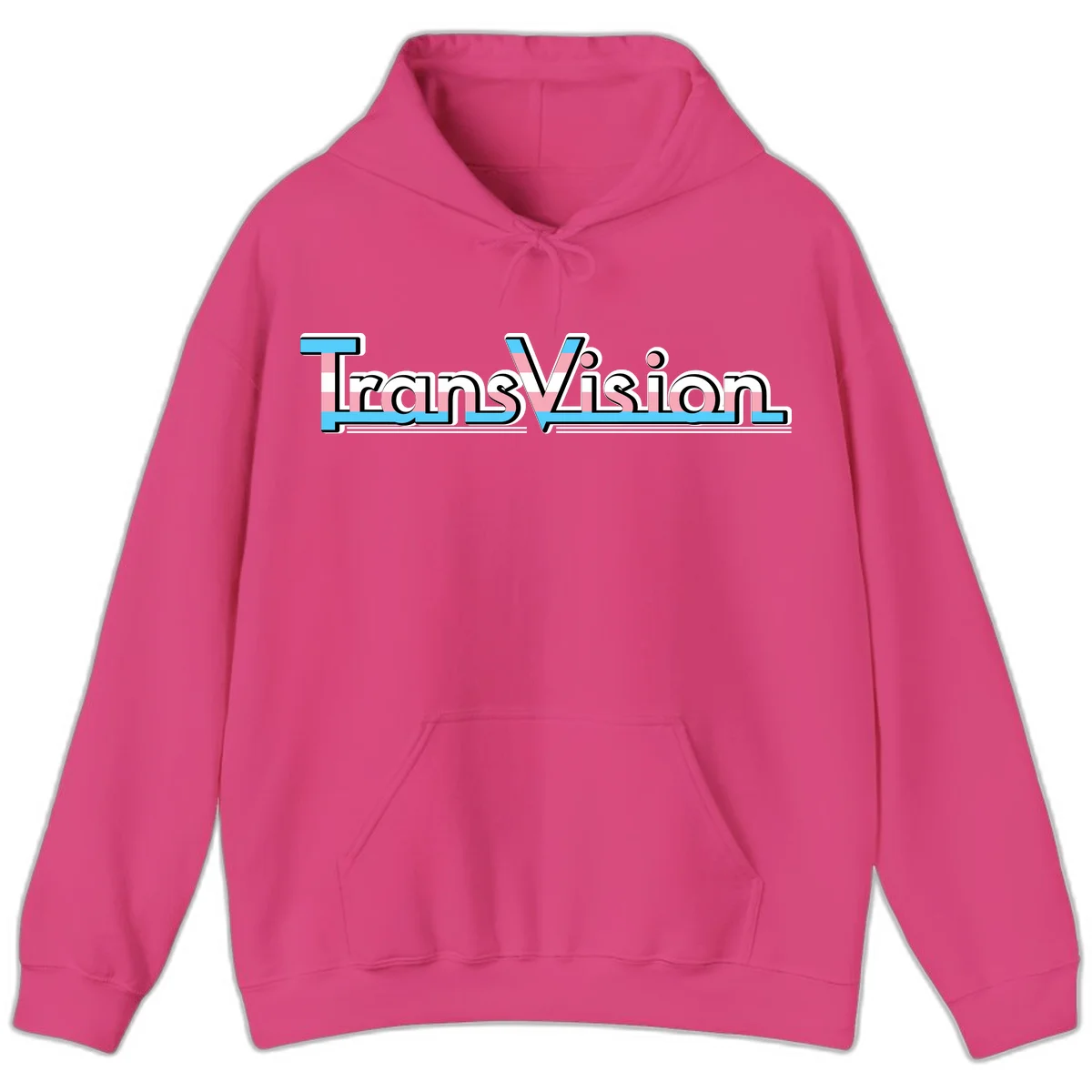 TransVision typography with transgender pride flag colors—cyan, pink, and white integrated into bold modern lettering in Heliconia