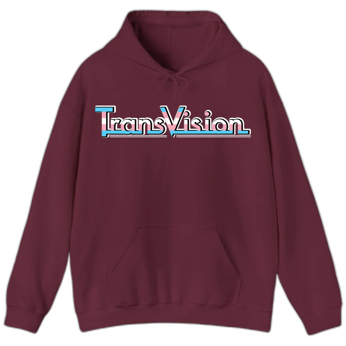 TransVision typography with transgender pride flag colors—cyan, pink, and white integrated into bold modern lettering in Maroon