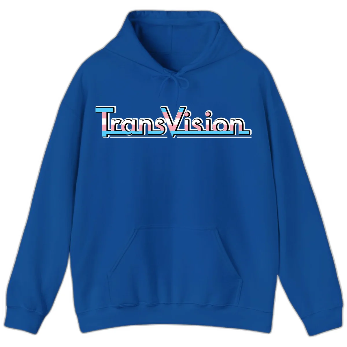 TransVision typography with transgender pride flag colors—cyan, pink, and white integrated into bold modern lettering in Royal