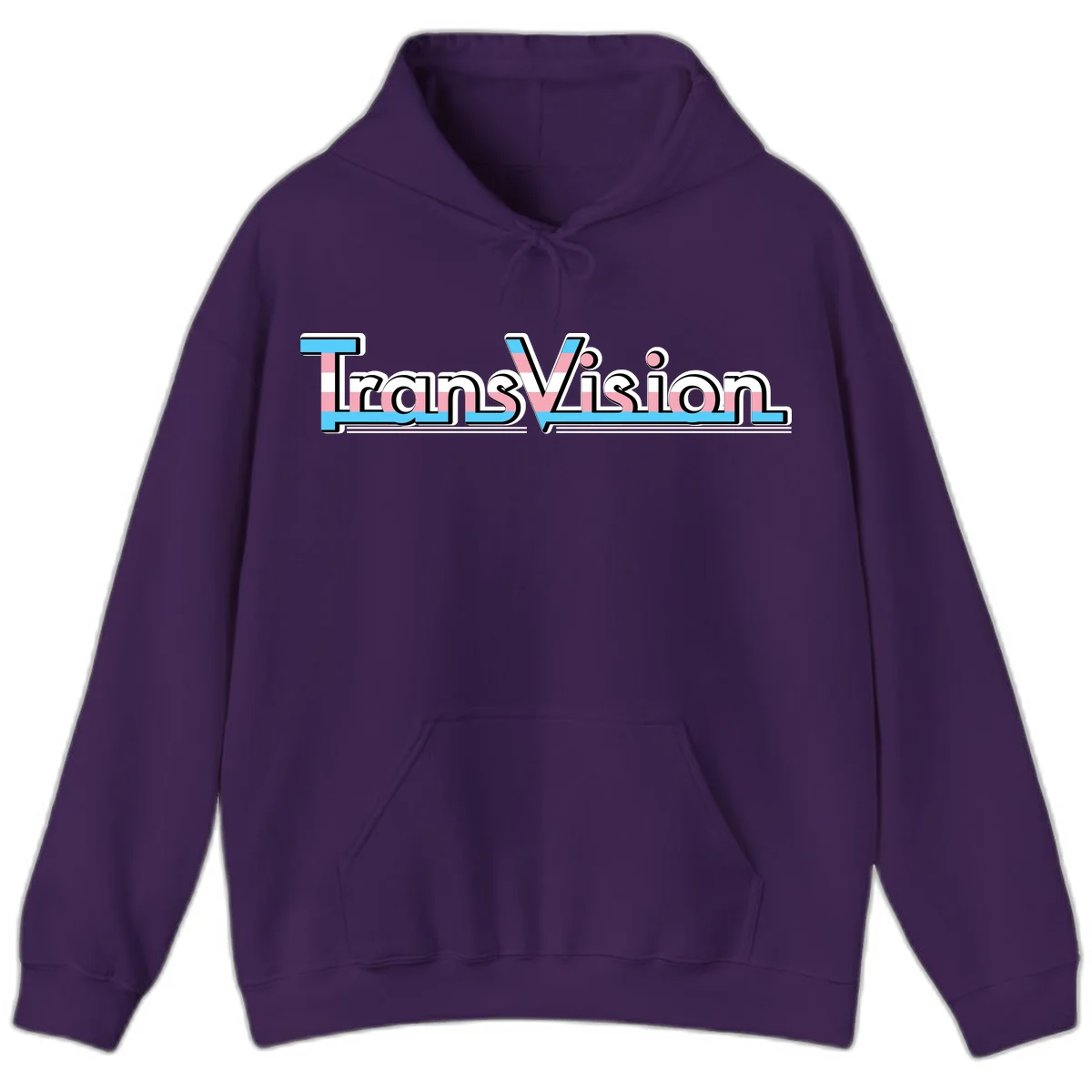 TransVision typography with transgender pride flag colors—cyan, pink, and white integrated into bold modern lettering in Purple