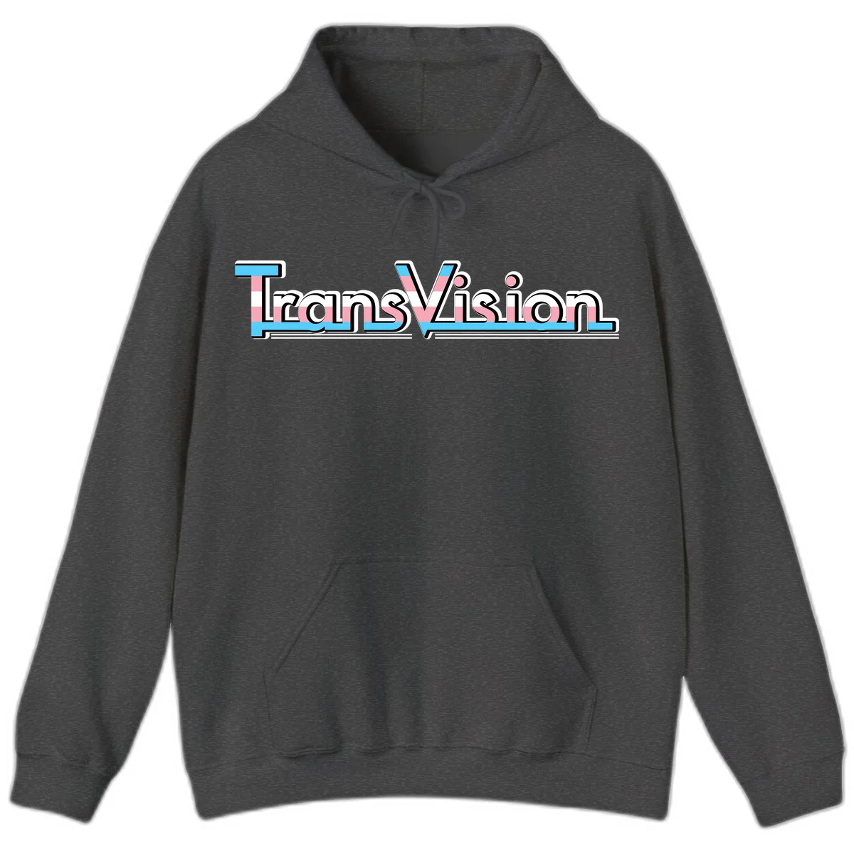 TransVision typography with transgender pride flag colors—cyan, pink, and white integrated into bold modern lettering in Dark Heather
