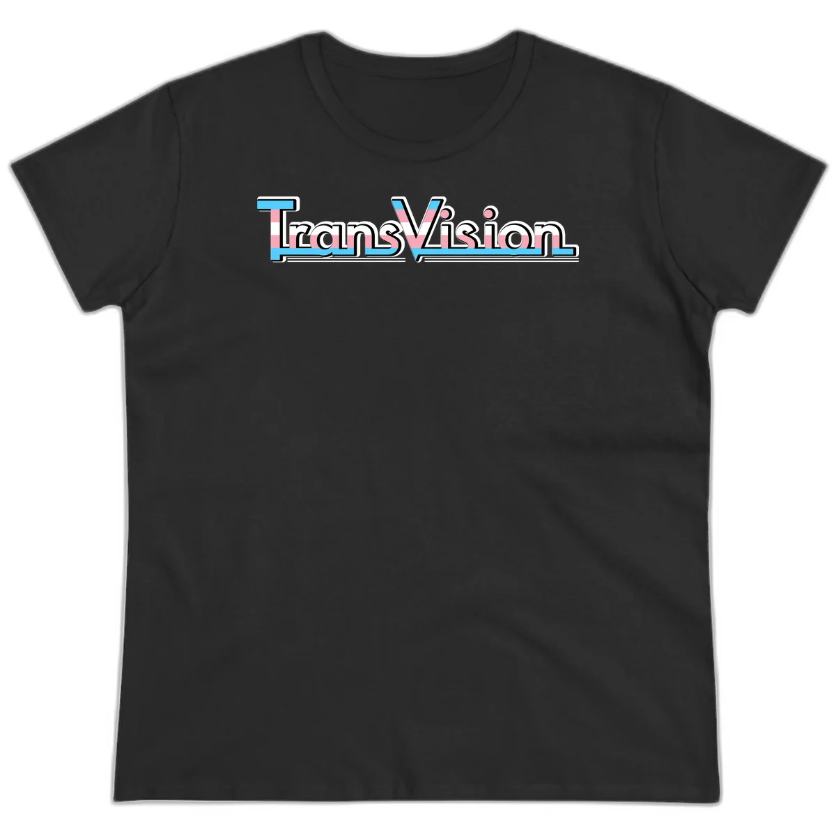 TransVision typography with transgender pride flag colors—cyan, pink, and white integrated into bold modern lettering in Black