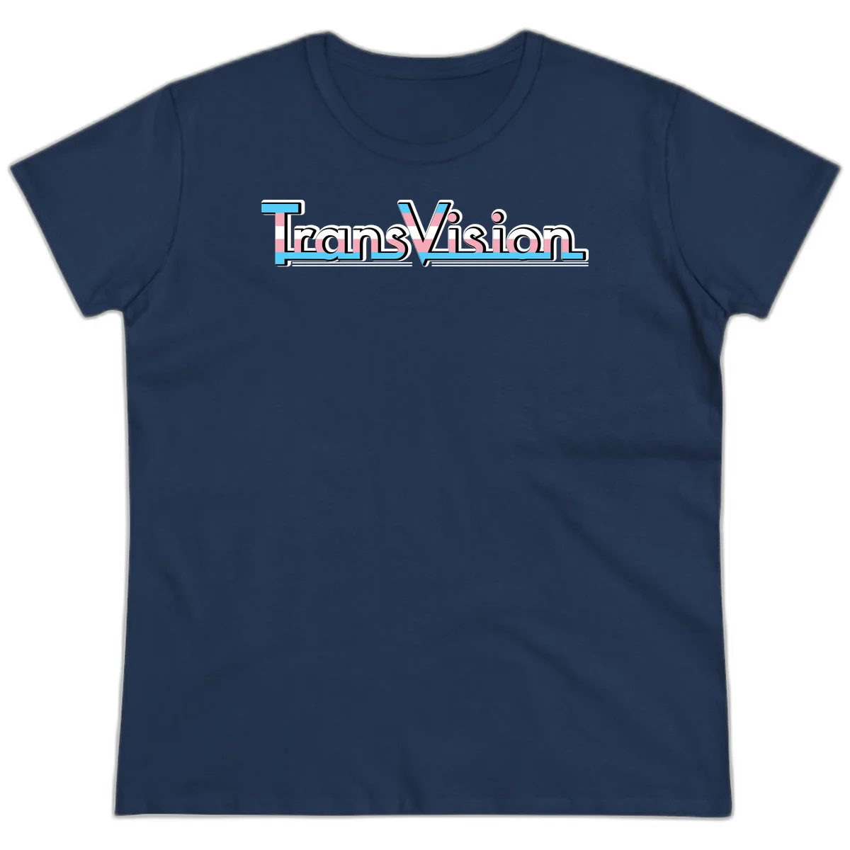 TransVision typography with transgender pride flag colors—cyan, pink, and white integrated into bold modern lettering in Navy