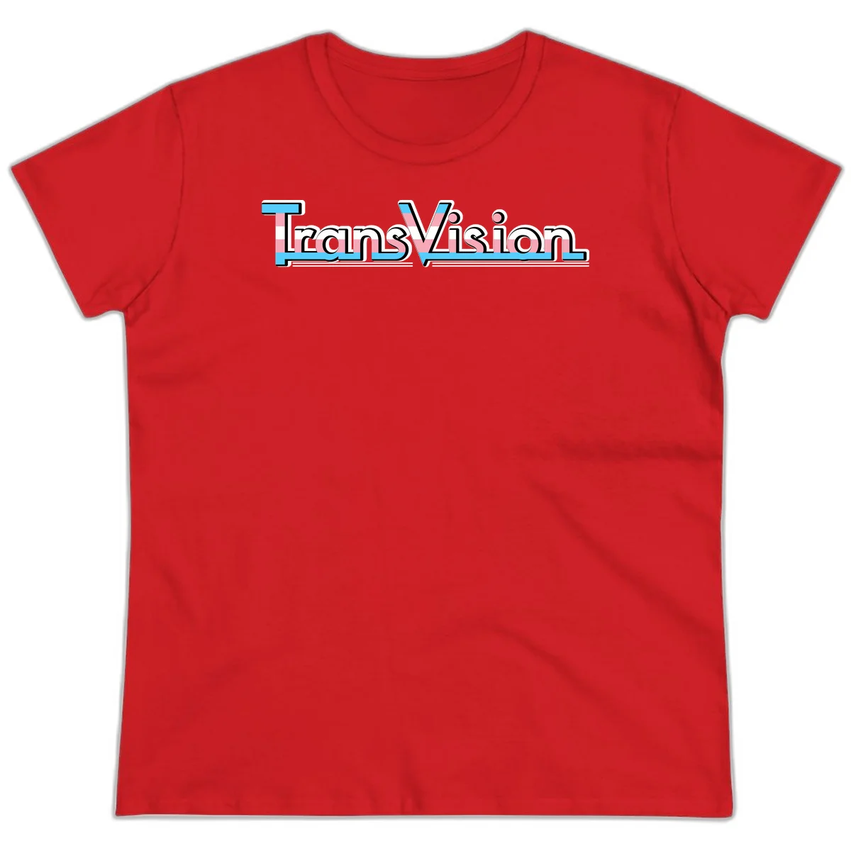 TransVision typography with transgender pride flag colors—cyan, pink, and white integrated into bold modern lettering in Red