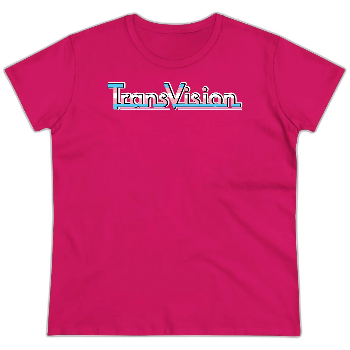 TransVision typography with transgender pride flag colors—cyan, pink, and white integrated into bold modern lettering in Heliconia