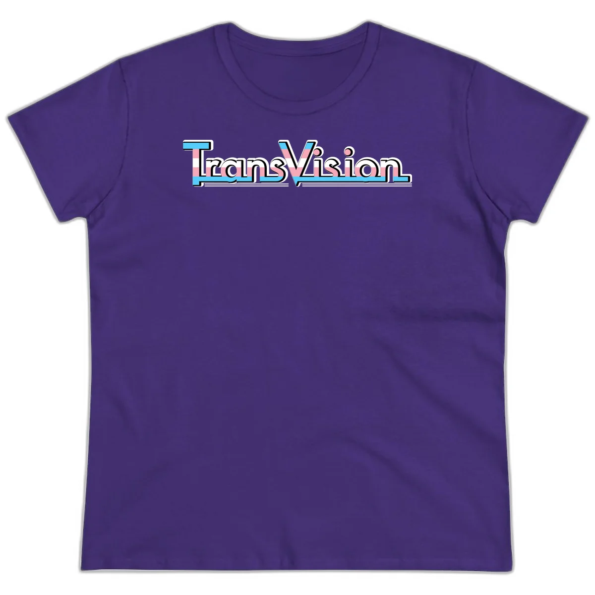TransVision typography with transgender pride flag colors—cyan, pink, and white integrated into bold modern lettering in Purple