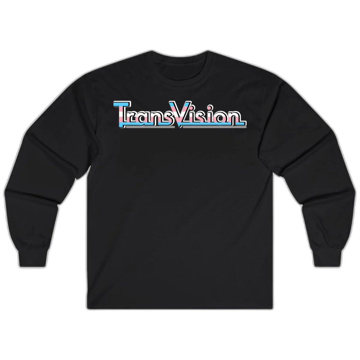 TransVision typography with transgender pride flag colors—cyan, pink, and white integrated into bold modern lettering in Black