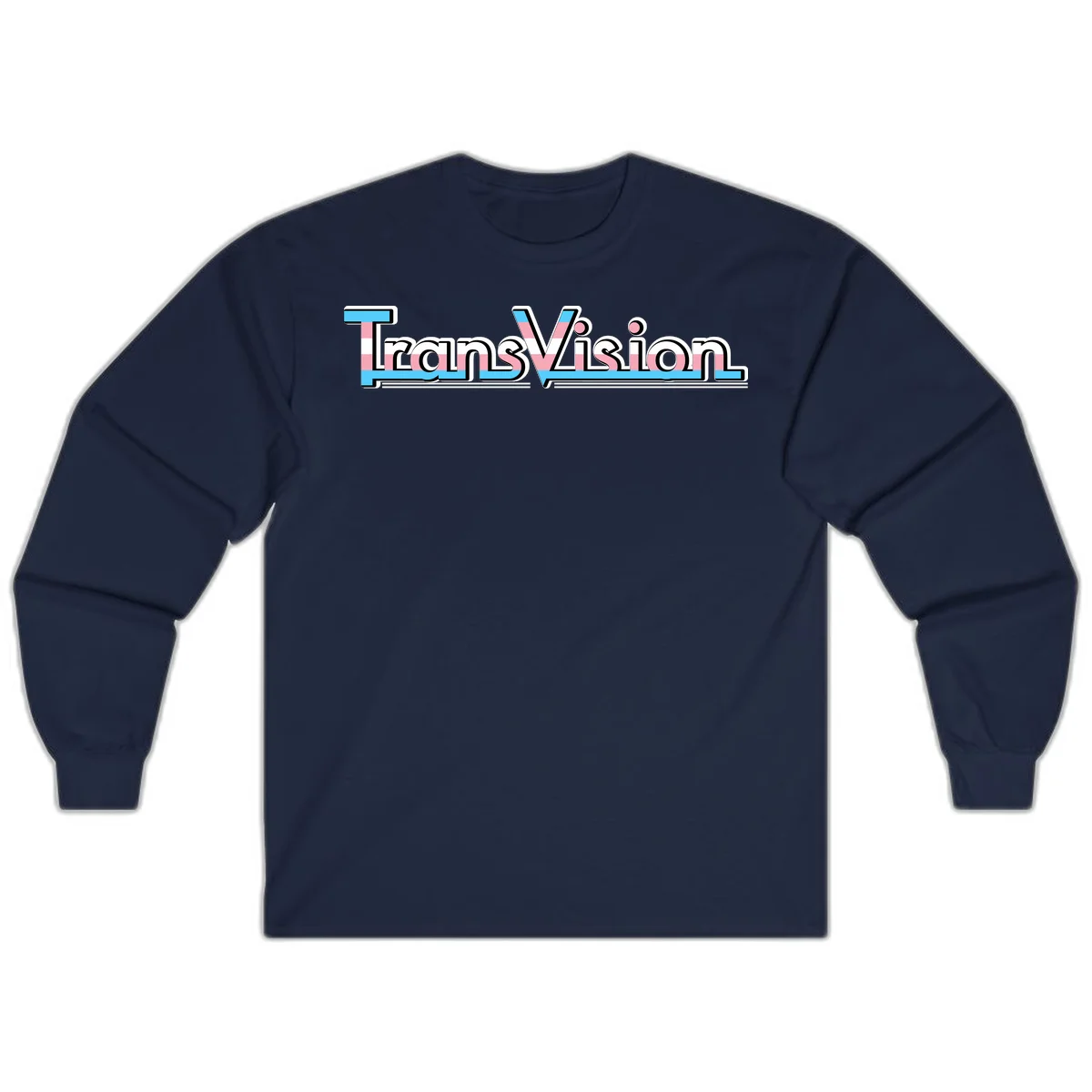 TransVision typography with transgender pride flag colors—cyan, pink, and white integrated into bold modern lettering in Navy