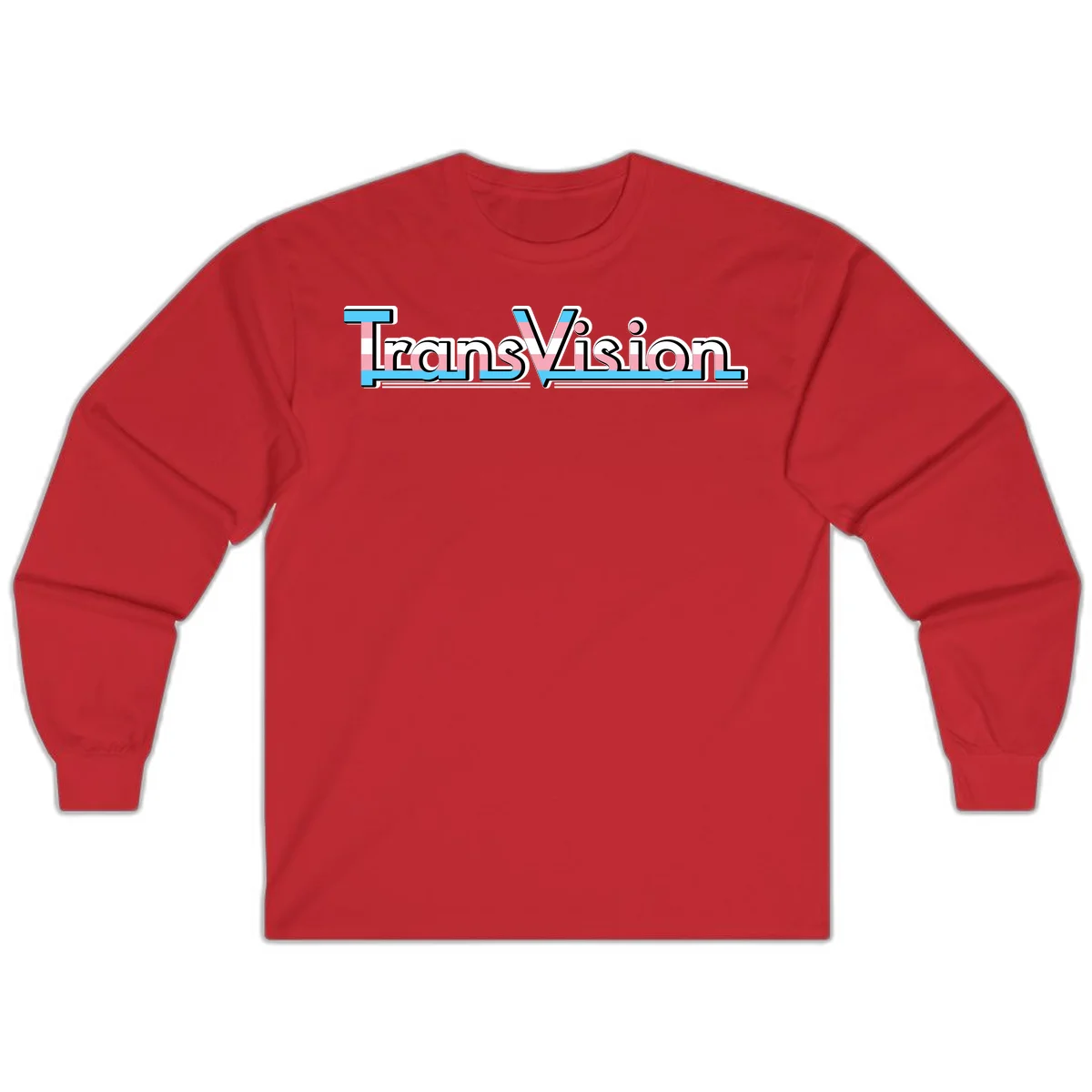 TransVision typography with transgender pride flag colors—cyan, pink, and white integrated into bold modern lettering in Red