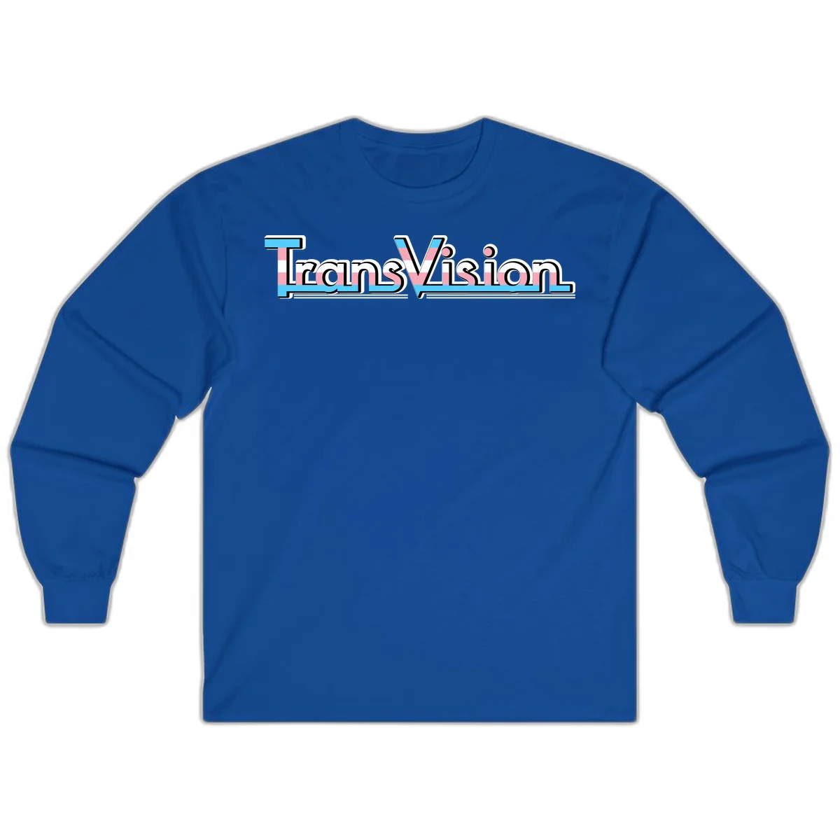 TransVision typography with transgender pride flag colors—cyan, pink, and white integrated into bold modern lettering in Royal