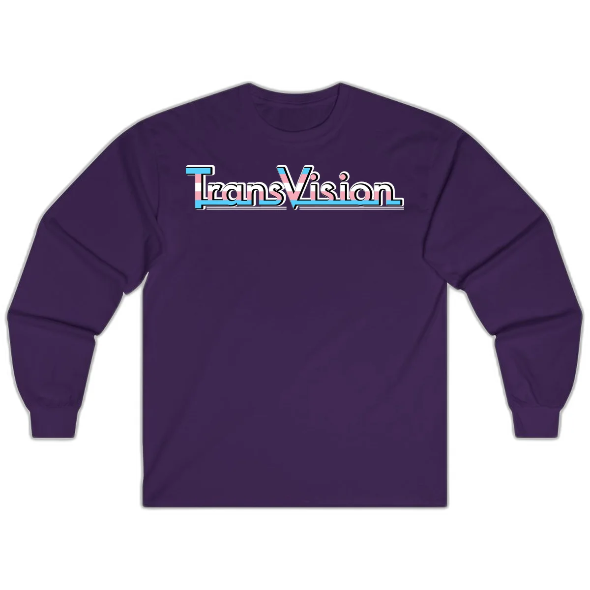TransVision typography with transgender pride flag colors—cyan, pink, and white integrated into bold modern lettering in Purple