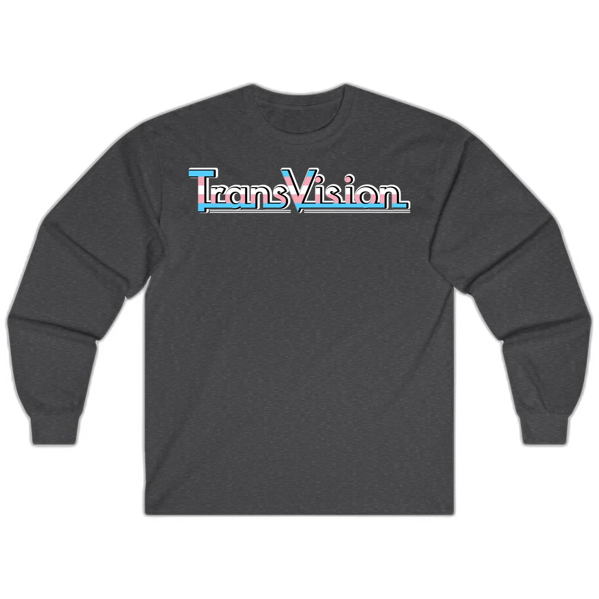 TransVision typography with transgender pride flag colors—cyan, pink, and white integrated into bold modern lettering in Dark Heather