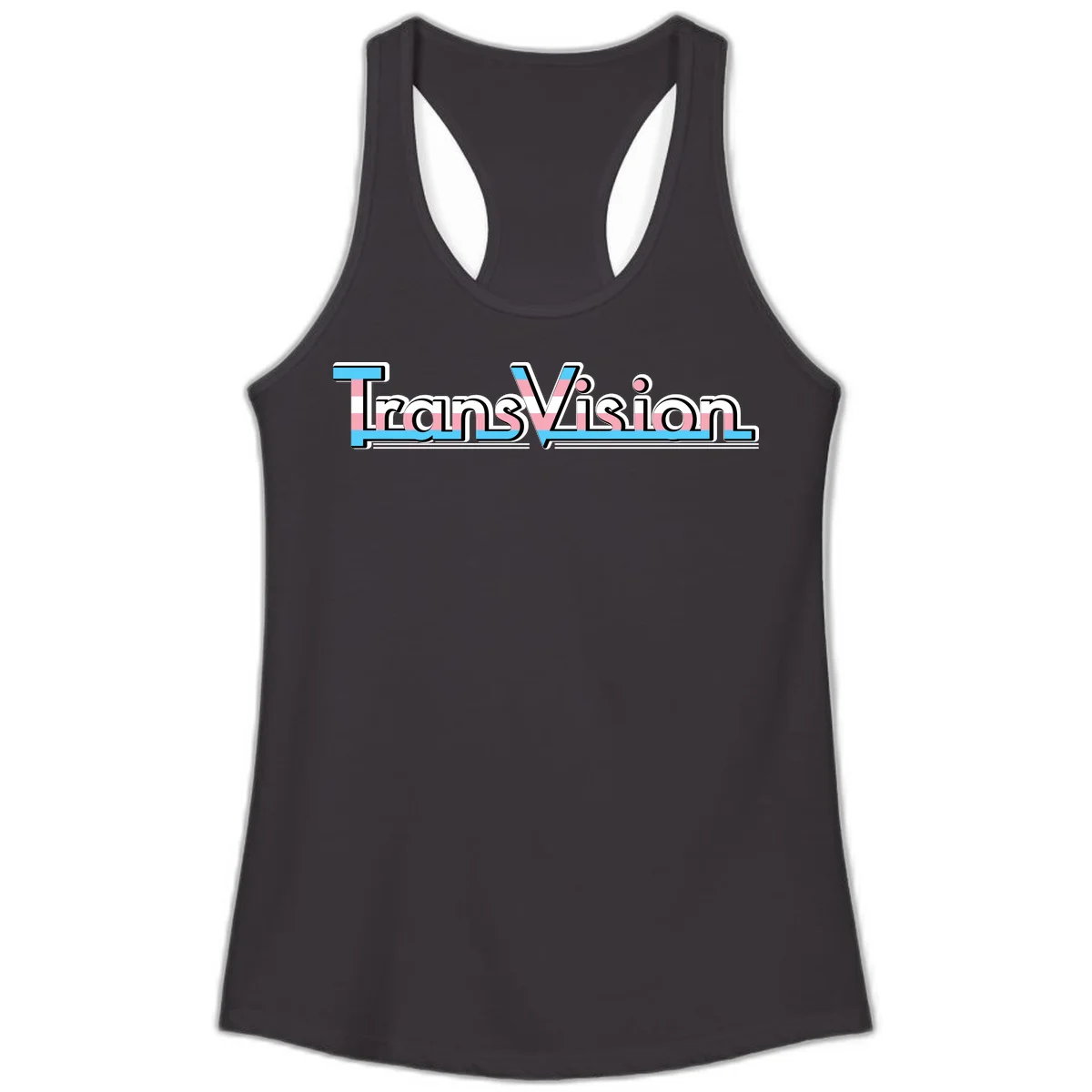 TransVision typography with transgender pride flag colors—cyan, pink, and white integrated into bold modern lettering in Black