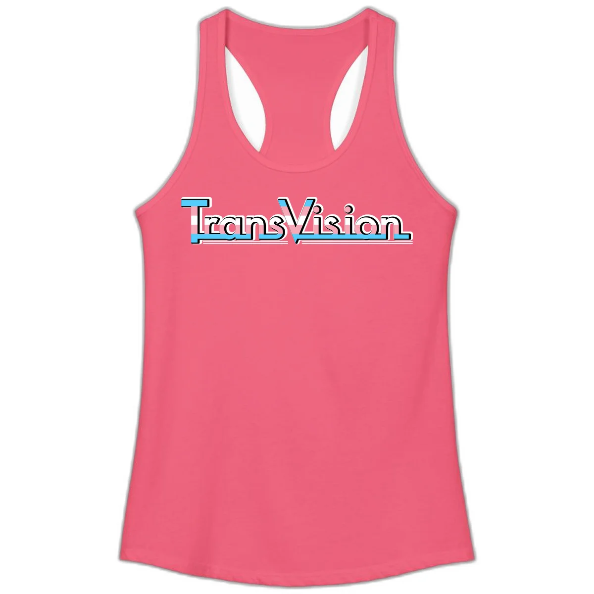 TransVision typography with transgender pride flag colors—cyan, pink, and white integrated into bold modern lettering in Hot Pink