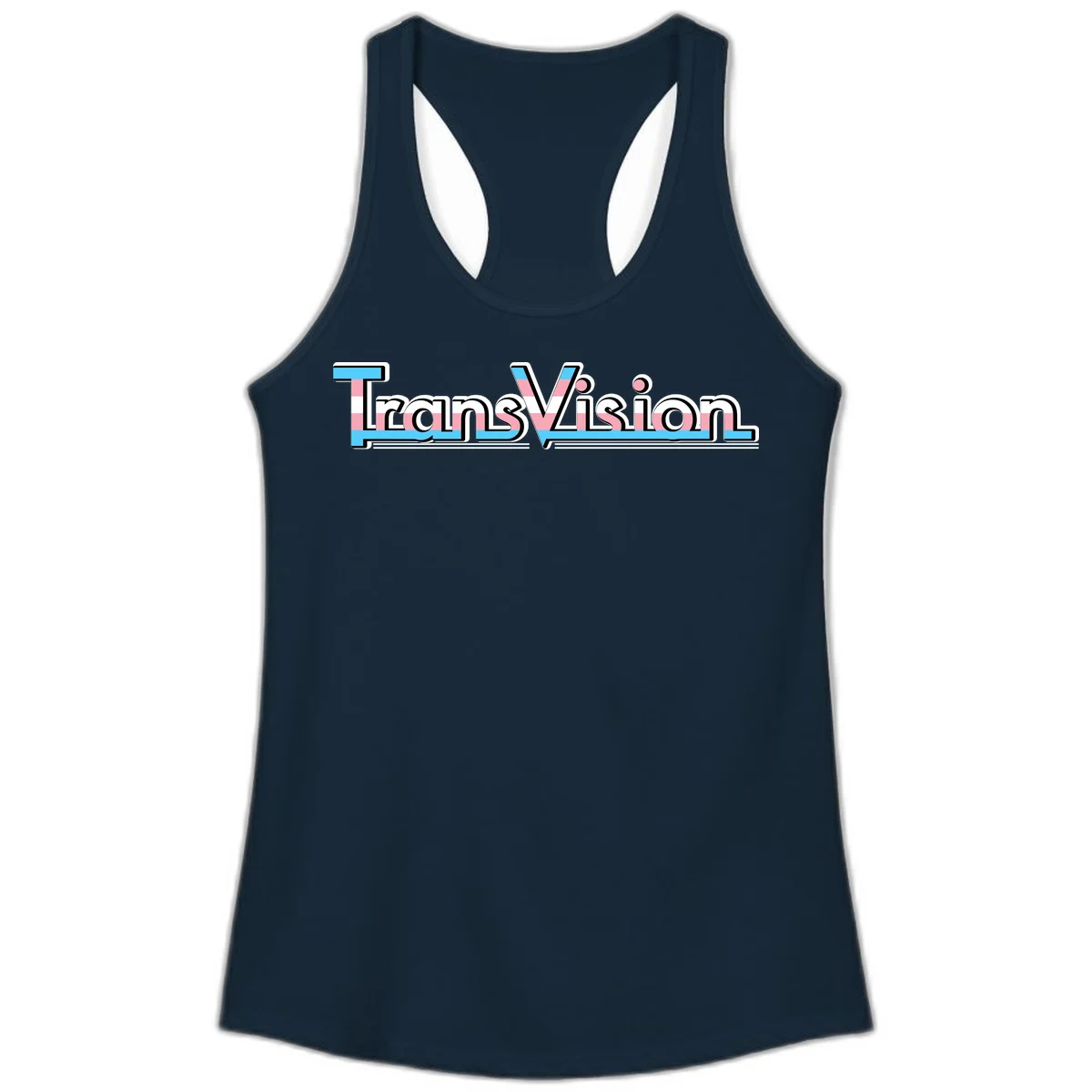 TransVision typography with transgender pride flag colors—cyan, pink, and white integrated into bold modern lettering in Solid Midnight Navy