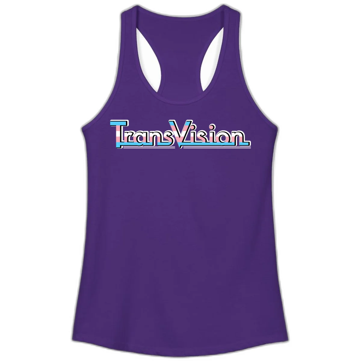 TransVision typography with transgender pride flag colors—cyan, pink, and white integrated into bold modern lettering in Solid Purple Rush