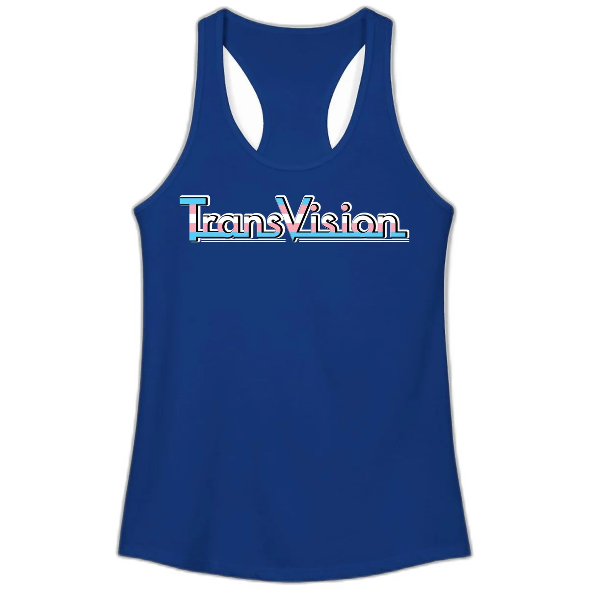 TransVision typography with transgender pride flag colors—cyan, pink, and white integrated into bold modern lettering in Solid Royal