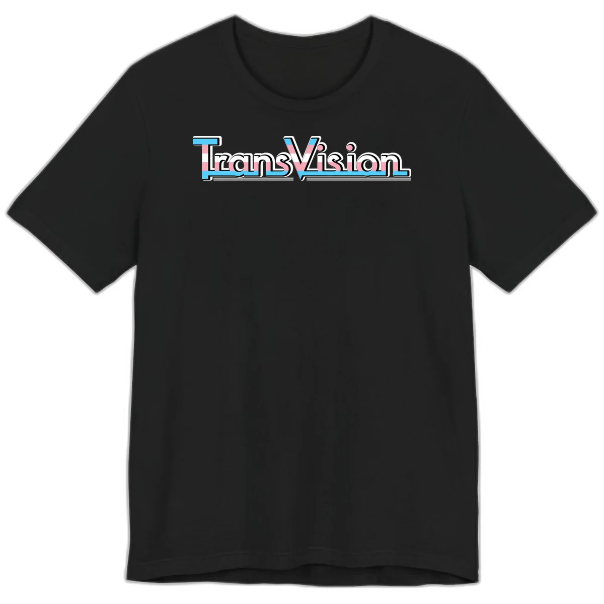 TransVision typography with transgender pride flag colors—cyan, pink, and white integrated into bold modern lettering in Black