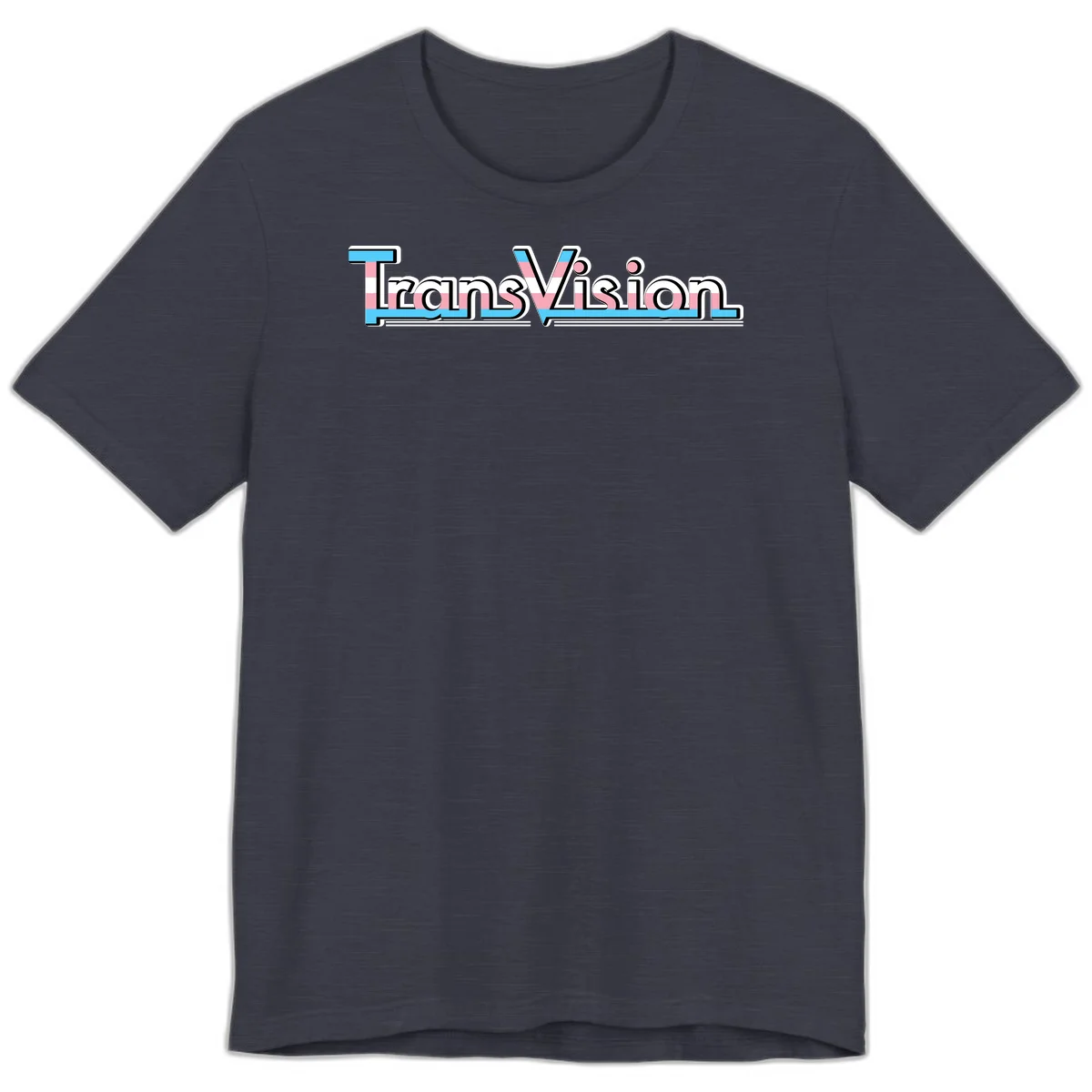 TransVision typography with transgender pride flag colors—cyan, pink, and white integrated into bold modern lettering in Heather Midnight Navy
