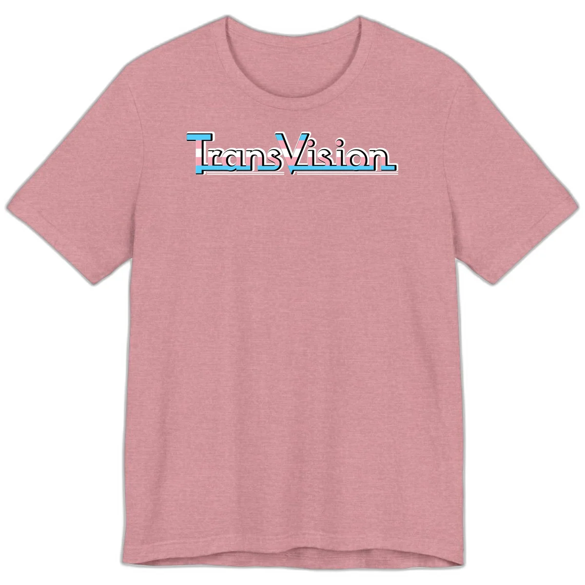 TransVision typography with transgender pride flag colors—cyan, pink, and white integrated into bold modern lettering in Heather Orchid