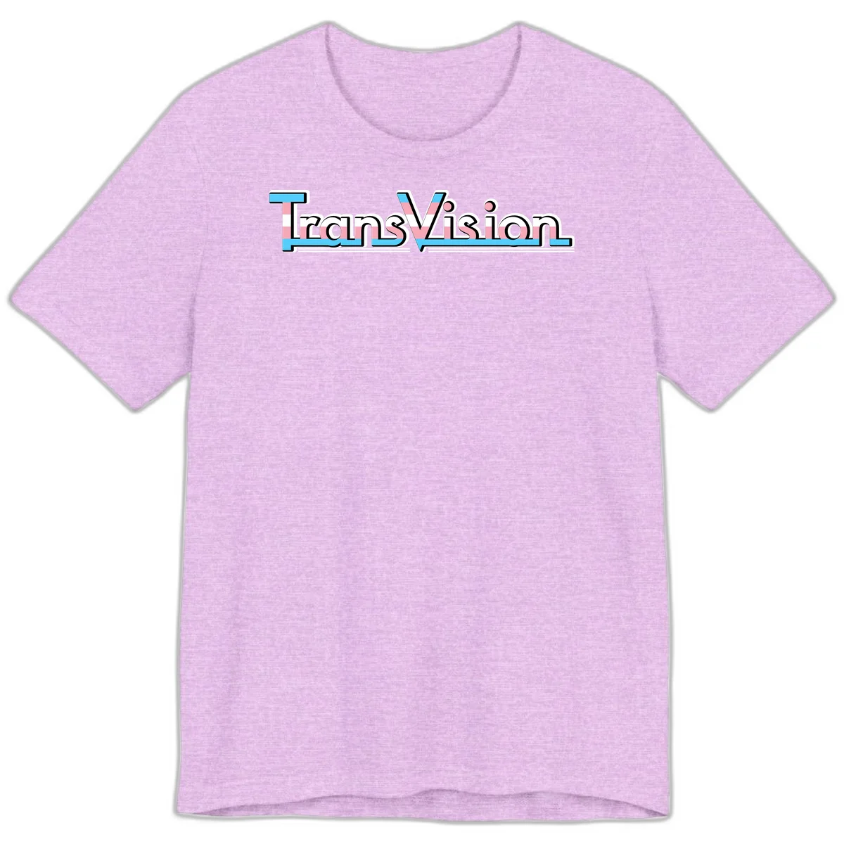 TransVision typography with transgender pride flag colors—cyan, pink, and white integrated into bold modern lettering in Heather Prism Lilac