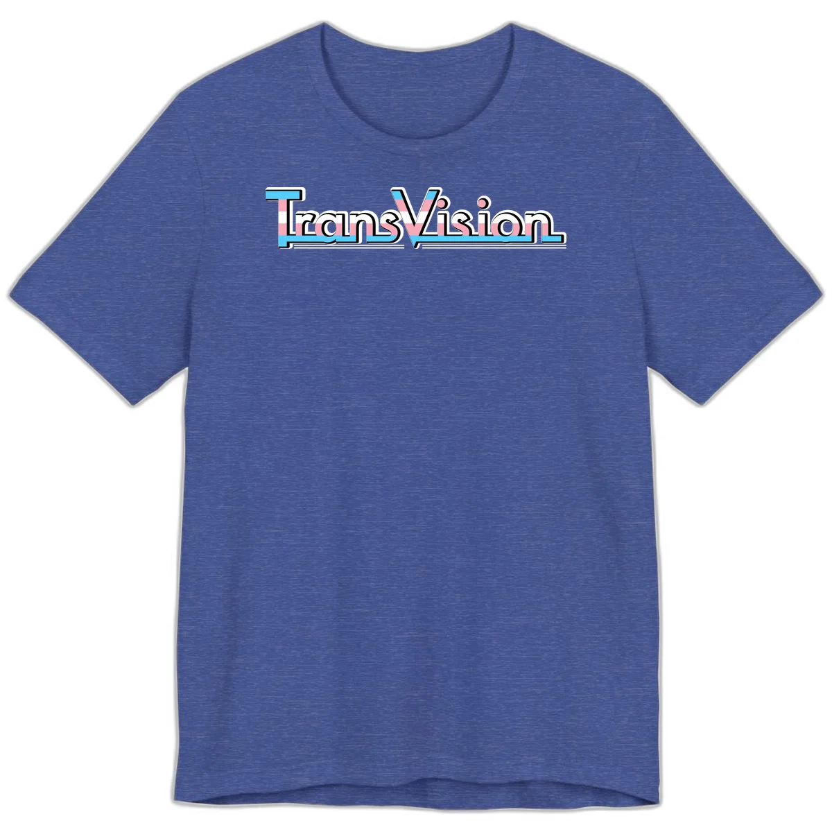 TransVision typography with transgender pride flag colors—cyan, pink, and white integrated into bold modern lettering in Heather True Royal