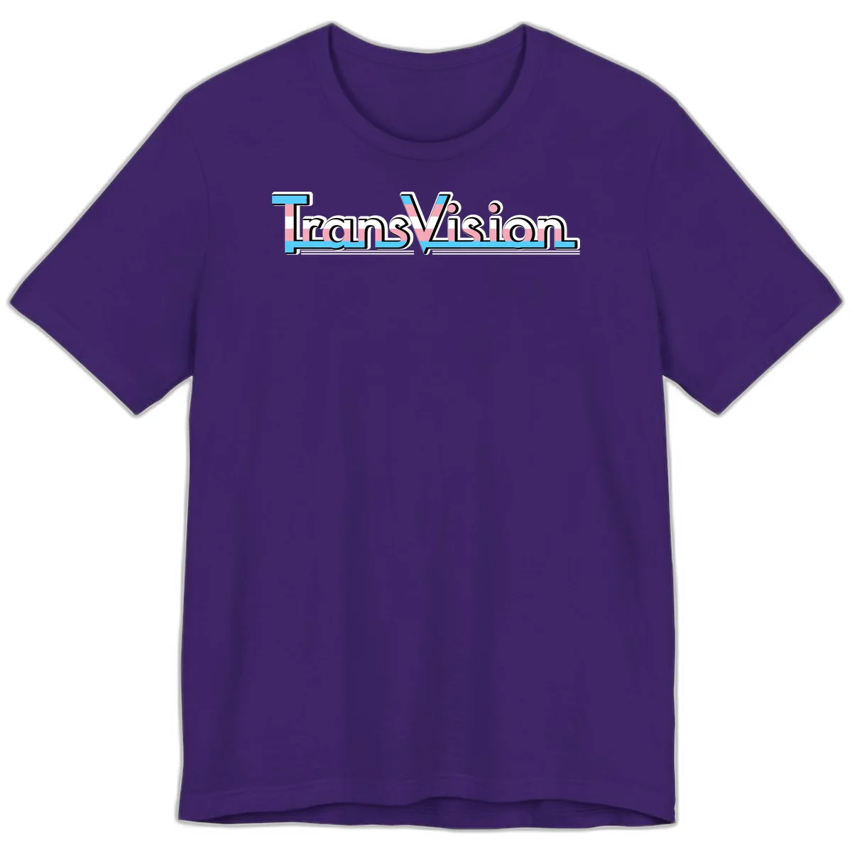 TransVision typography with transgender pride flag colors—cyan, pink, and white integrated into bold modern lettering in Team Purple