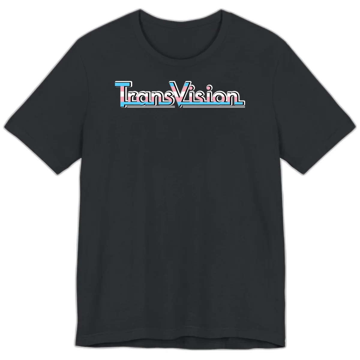 TransVision typography with transgender pride flag colors—cyan, pink, and white integrated into bold modern lettering in Vintage Black