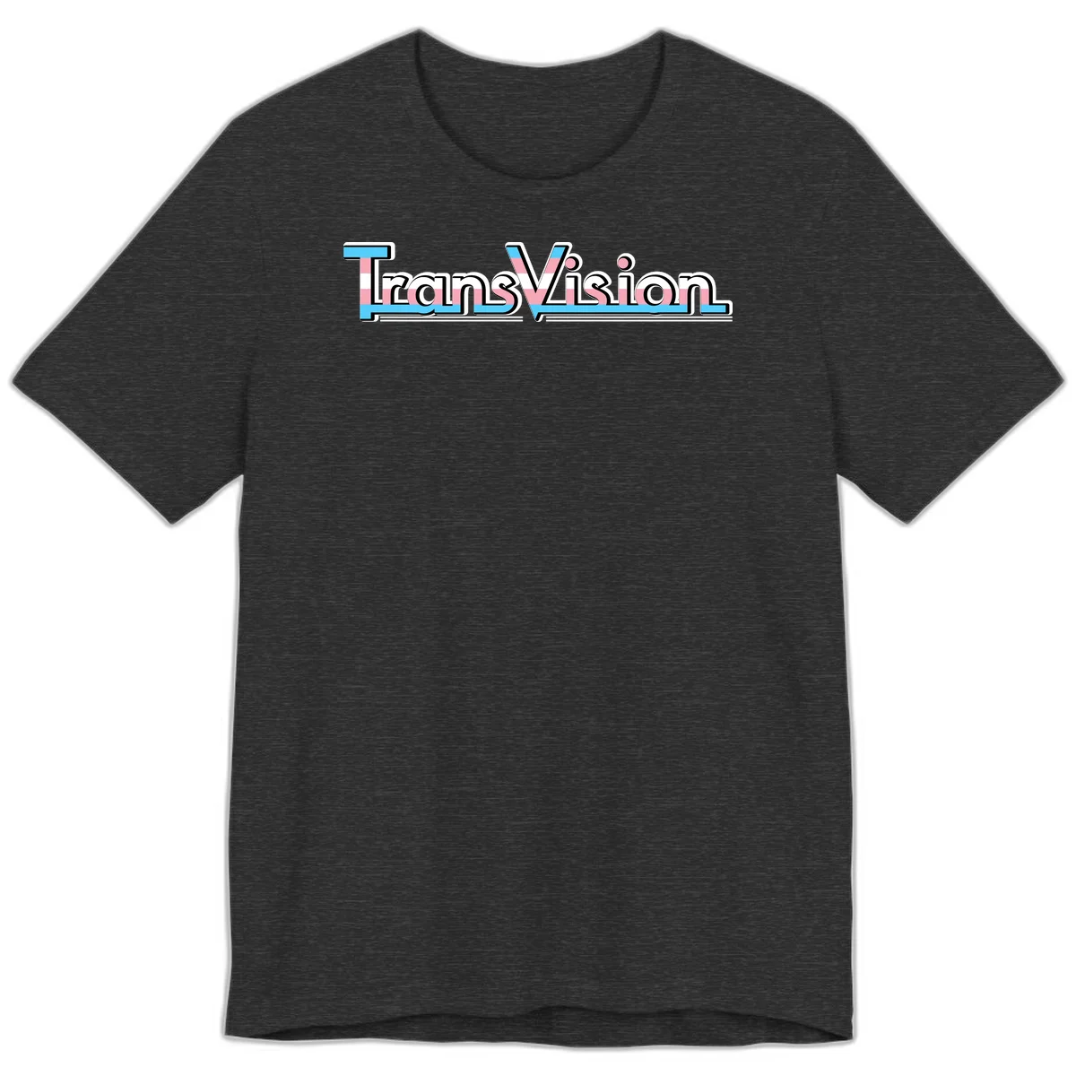 TransVision typography with transgender pride flag colors—cyan, pink, and white integrated into bold modern lettering in Dark Grey Heather