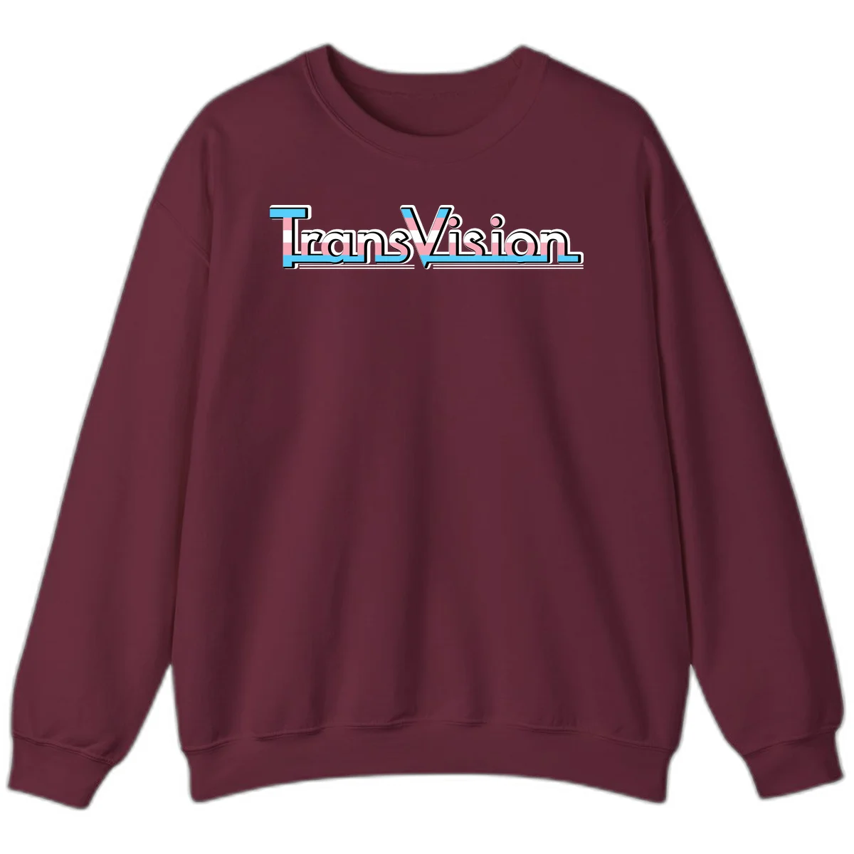 TransVision typography with transgender pride flag colors—cyan, pink, and white integrated into bold modern lettering in Maroon