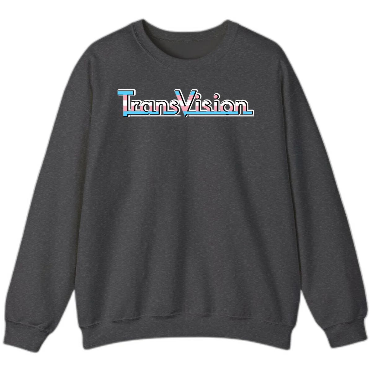 TransVision typography with transgender pride flag colors—cyan, pink, and white integrated into bold modern lettering in Dark Heather