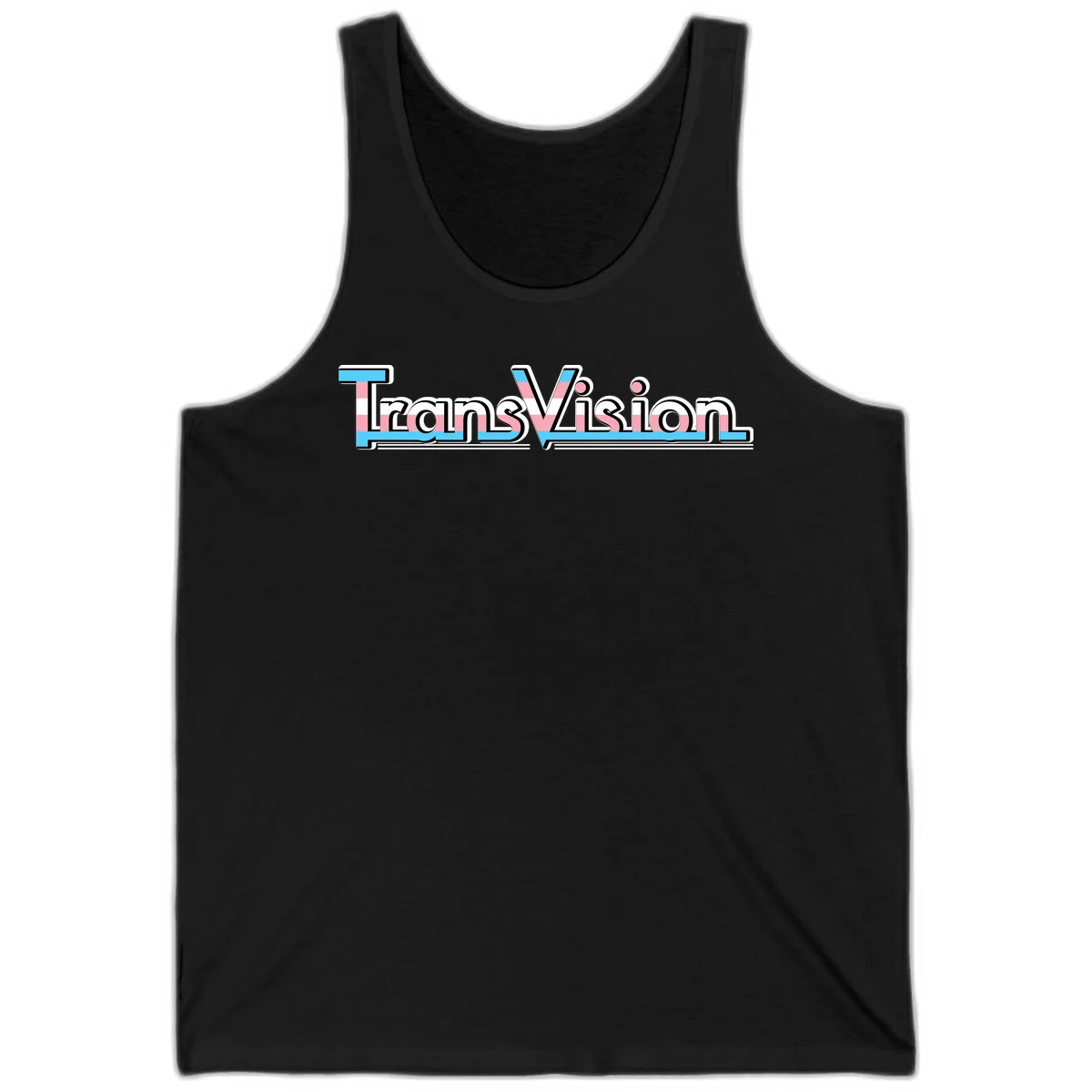 TransVision typography with transgender pride flag colors—cyan, pink, and white integrated into bold modern lettering in Black