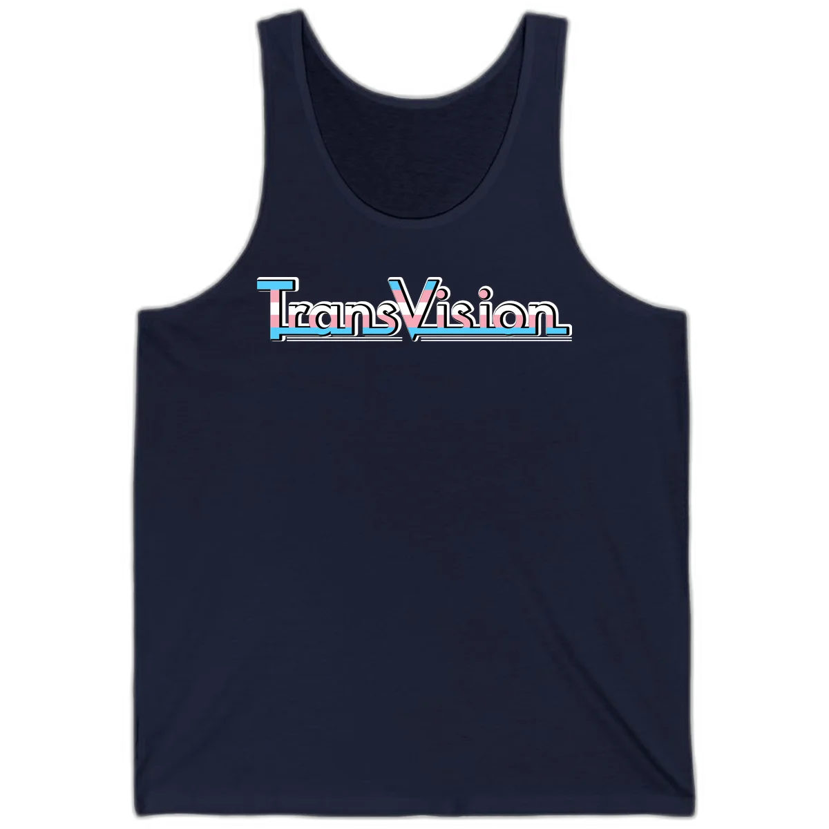 TransVision typography with transgender pride flag colors—cyan, pink, and white integrated into bold modern lettering in Navy