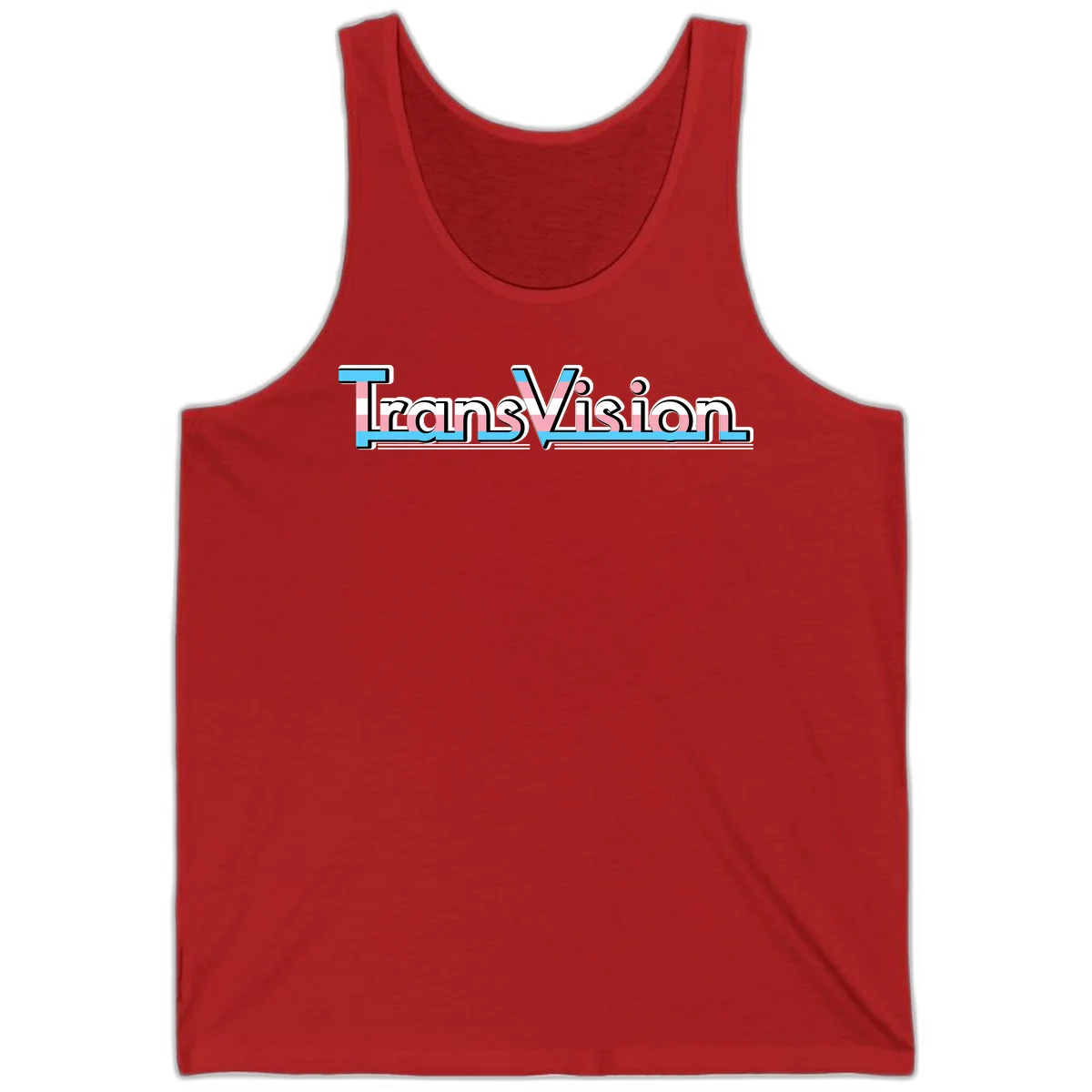 TransVision typography with transgender pride flag colors—cyan, pink, and white integrated into bold modern lettering in Red