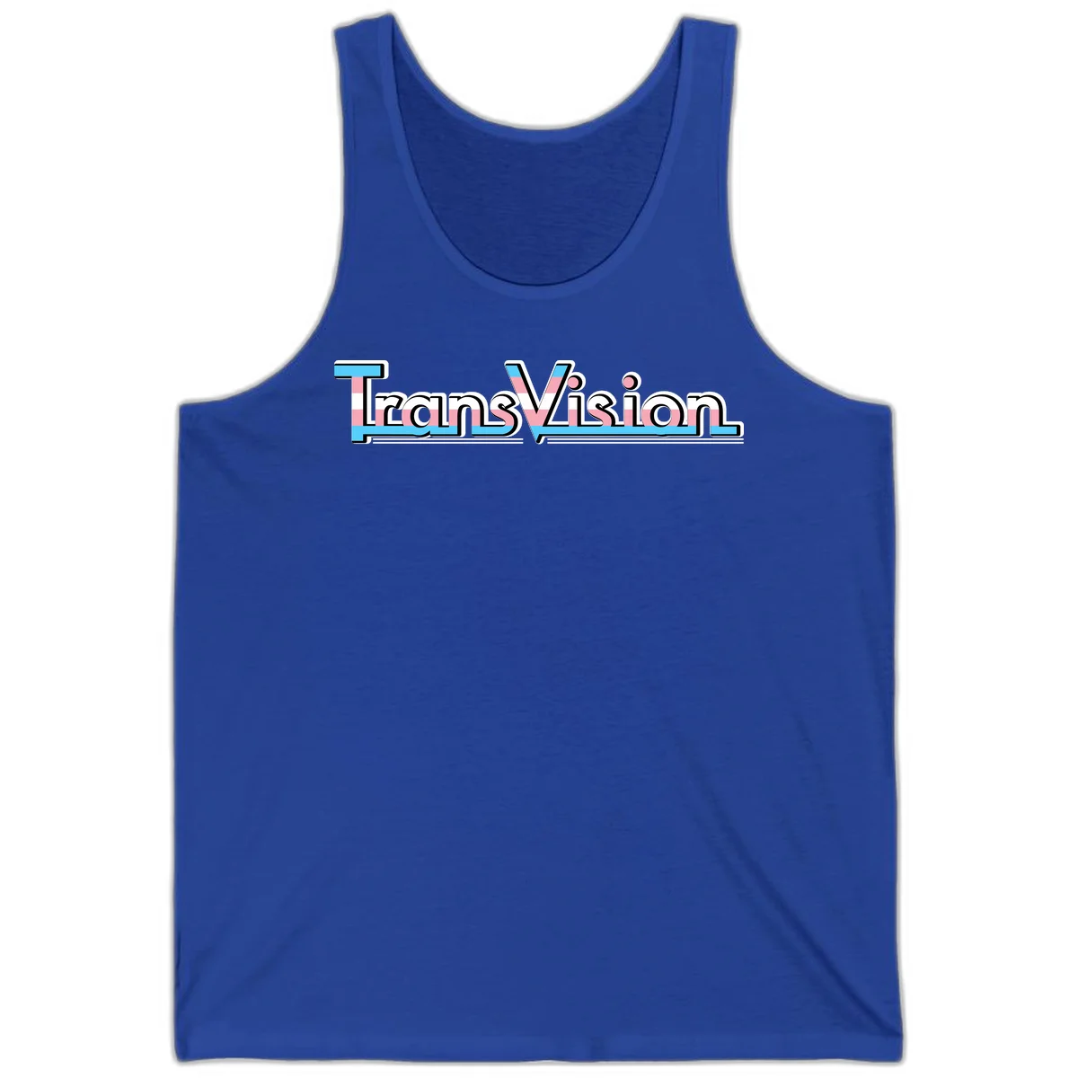 TransVision typography with transgender pride flag colors—cyan, pink, and white integrated into bold modern lettering in True Royal