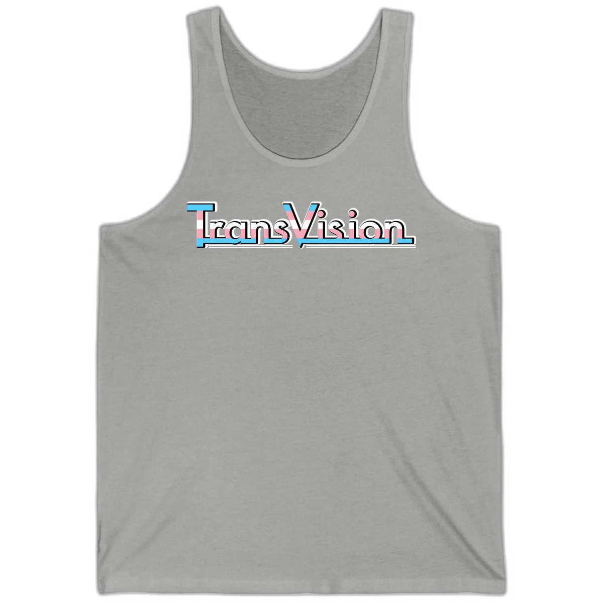 TransVision typography with transgender pride flag colors—cyan, pink, and white integrated into bold modern lettering in Athletic Heather