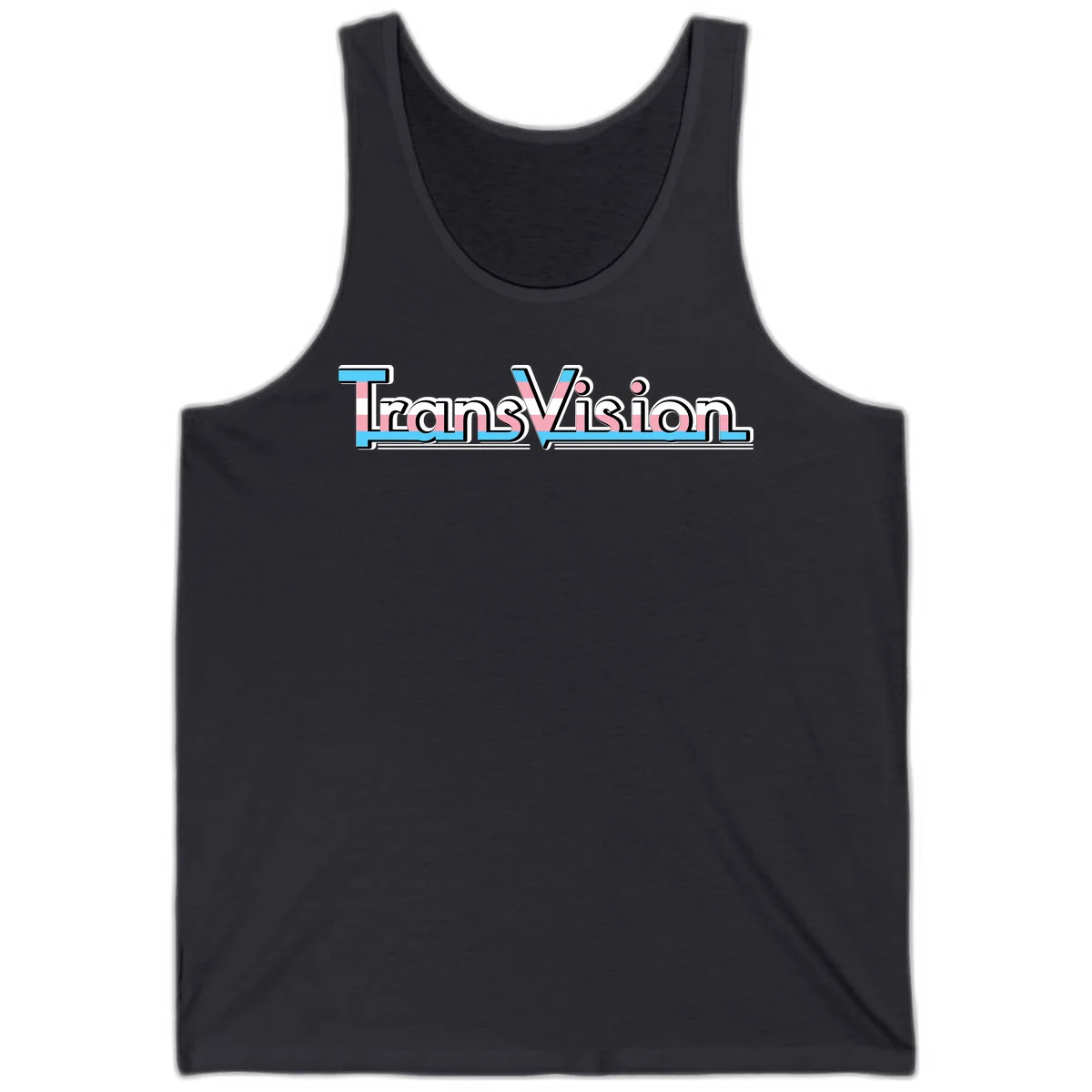 TransVision typography with transgender pride flag colors—cyan, pink, and white integrated into bold modern lettering in Dark Grey