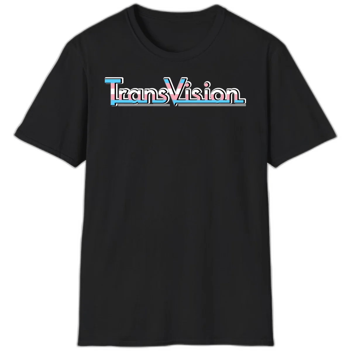TransVision typography with transgender pride flag colors—cyan, pink, and white integrated into bold modern lettering in Black