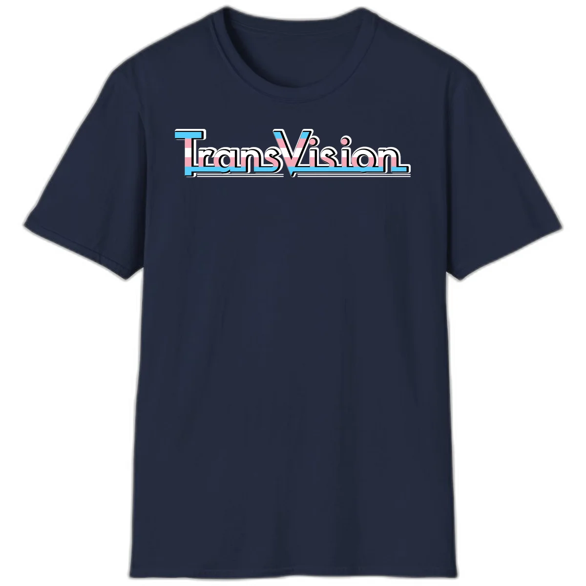 TransVision typography with transgender pride flag colors—cyan, pink, and white integrated into bold modern lettering in Navy
