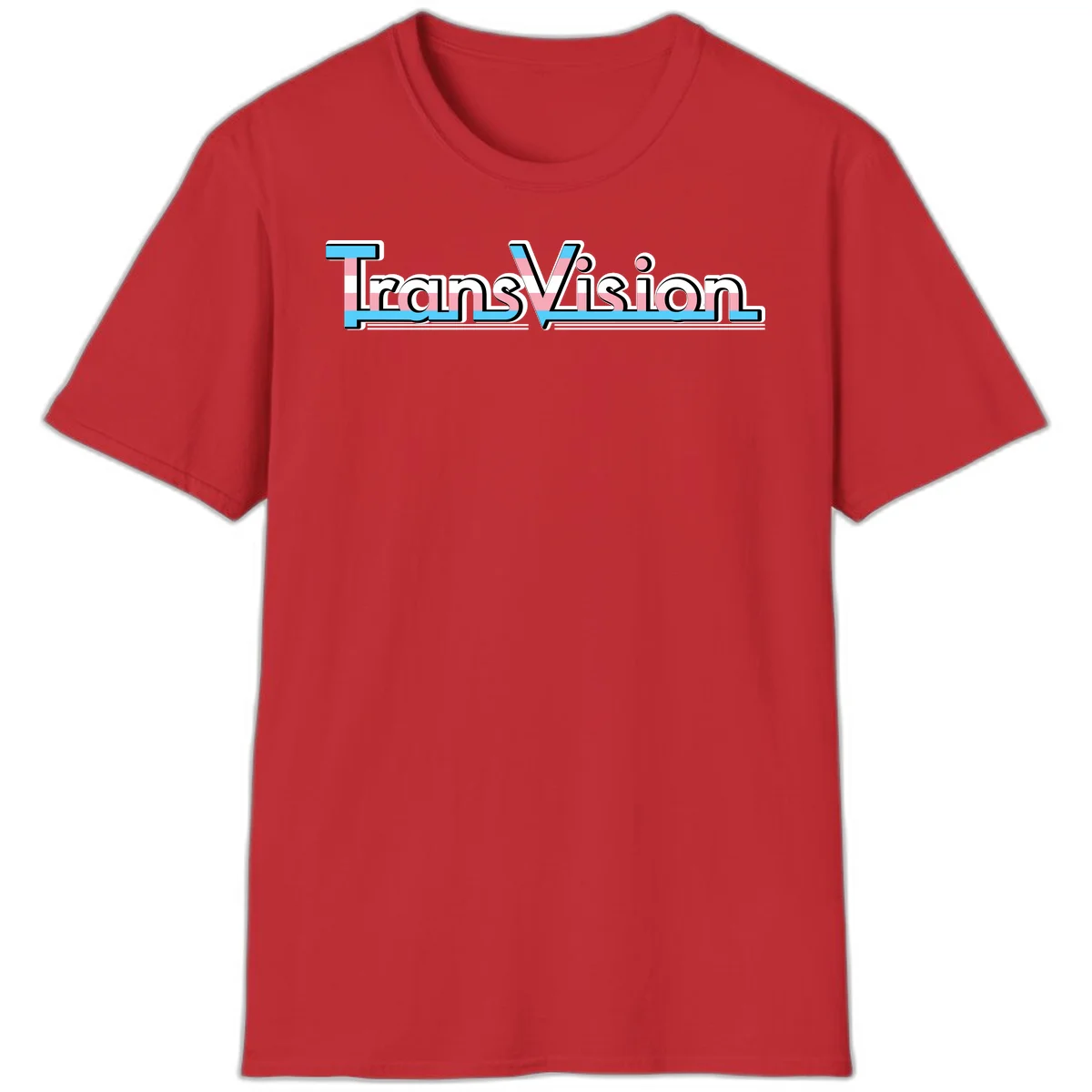 TransVision typography with transgender pride flag colors—cyan, pink, and white integrated into bold modern lettering in Red