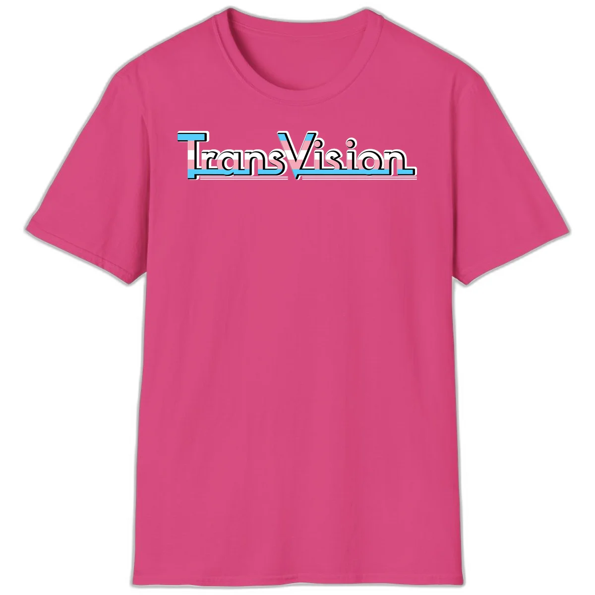 TransVision typography with transgender pride flag colors—cyan, pink, and white integrated into bold modern lettering in Heliconia